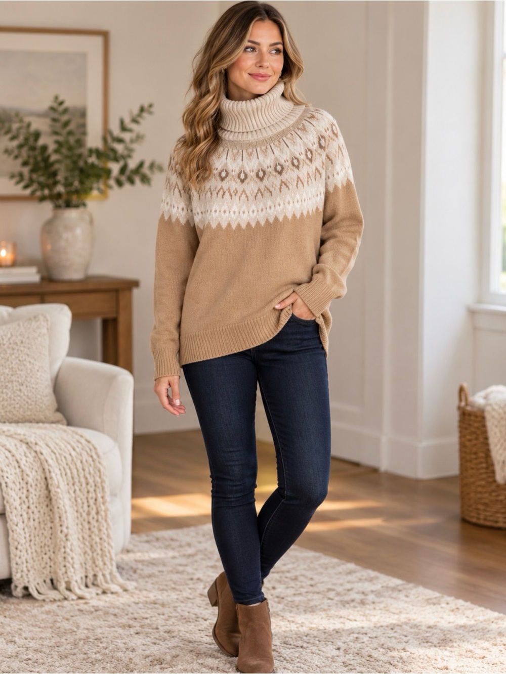 Bababa republic cowl neck  Fair Isle Sweater - Camel/Ivory